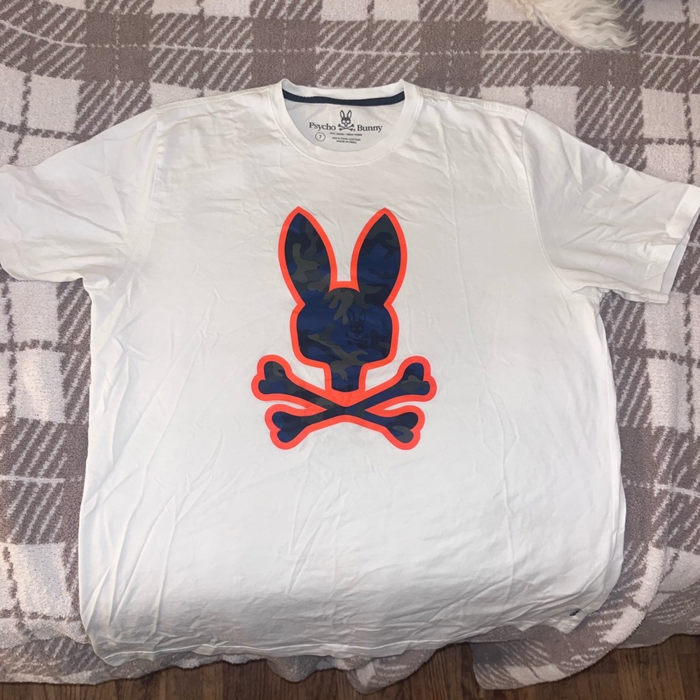 Psycho Bunny White T-Shirt with Orange and Blue Logo